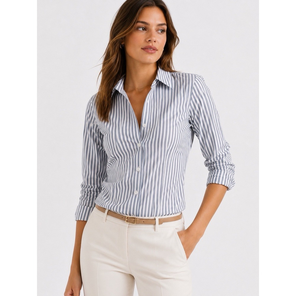 Express Ultimate Essential Shirt Women's S Blue Gray White Stripe Stretch Button